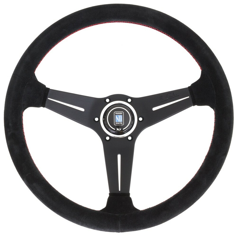 Nardi Deep Corn Steering Wheel, Suede, Black Spokes, Red Stitching, 80 mm Dish, Ø35 cm