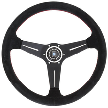 Carica l&#39;immagine nel visualizzatore di Gallery, Nardi Deep Corn Steering Wheel, Suede, Black Spokes, Red Stitching, 80 mm Dish, Ø35 cm