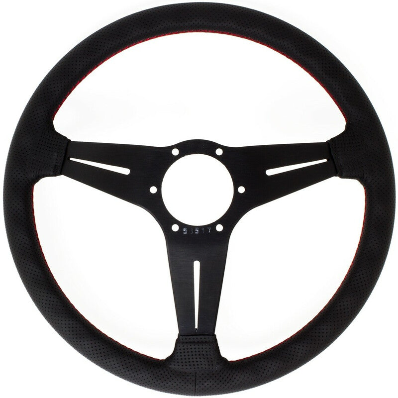 Nardi Deep Corn Steering Wheel, Black Perforated Leather, Black Spokes, Red Stitching, 80 mm Dish, Ø35 cm