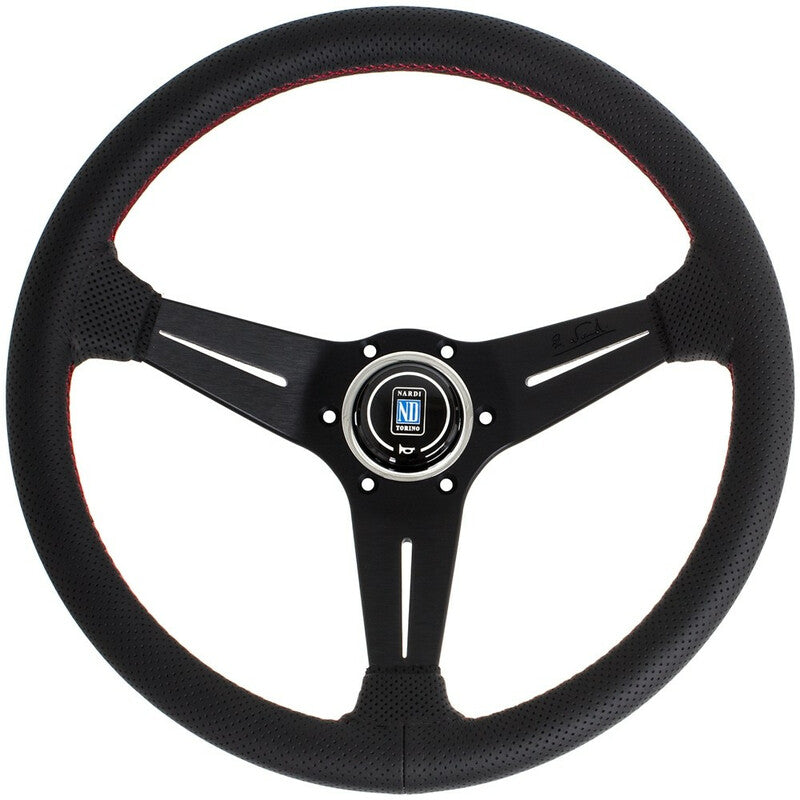 Nardi Deep Corn Steering Wheel, Black Perforated Leather, Black Spokes, Red Stitching, 80 mm Dish, Ø35 cm