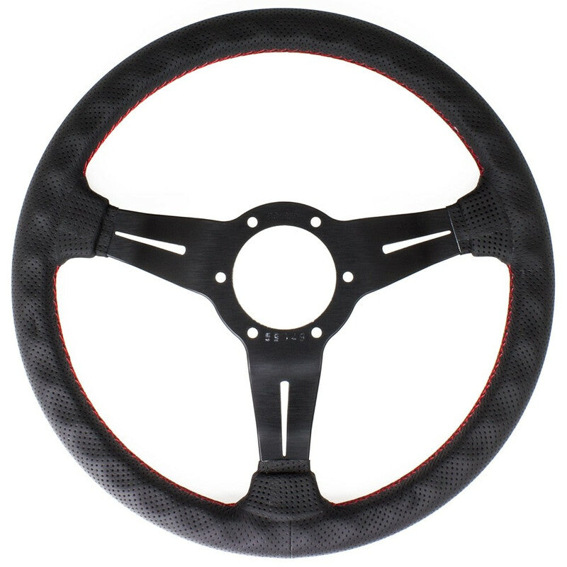 Nardi Deep Corn Steering Wheel, Black Perforated Leather, Black Spokes, Red Stitching, 53 mm Dish, Ø33 cm