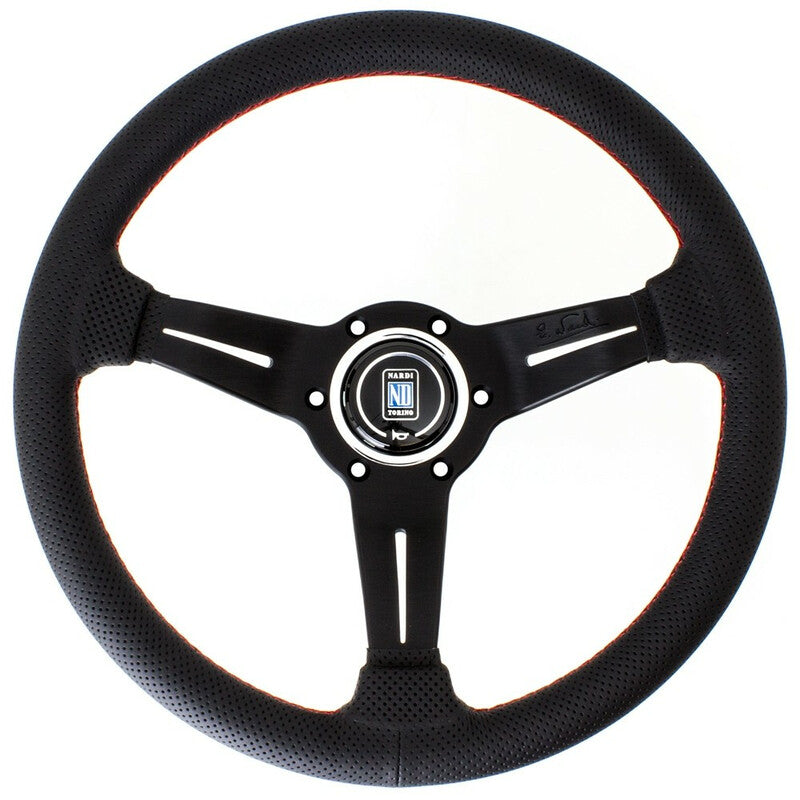 Nardi Deep Corn Steering Wheel, Black Perforated Leather, Black Spokes, Red Stitching, 53 mm Dish, Ø33 cm